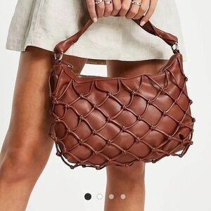 Mango Faux Leather Braided Net Bag, Brown